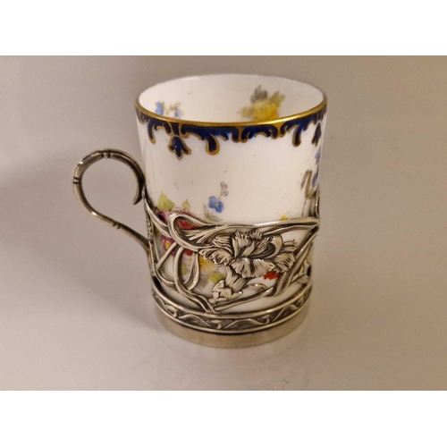 956 - Silver mounted Art Nouveau cup holder with a Cauldon porcelain cup. London 1901