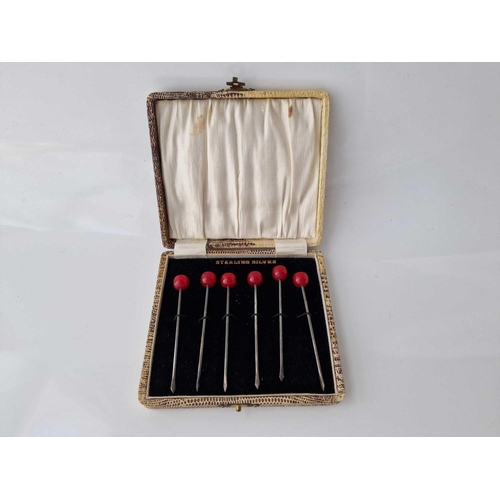 968 - Boxed set of sterling silver cocktail sticks with cherry ends