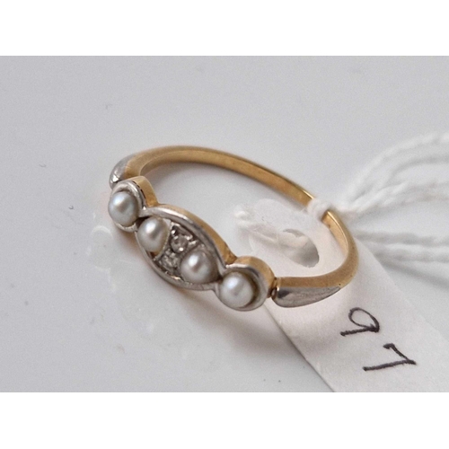 97 - A pearl and diamond ring set in gold size N 2.2 gms