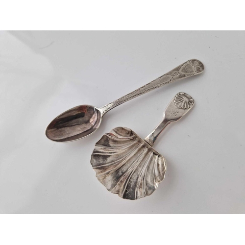 970 - Georgian brightcut teaspoon with unusual marks and a caddy spoon with shell bowl. Newcastle 1837. 25... 