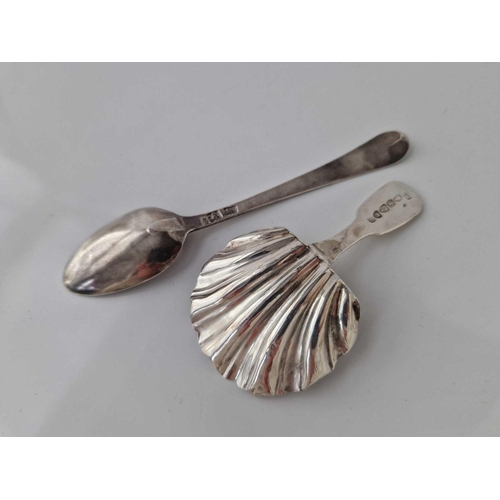 970 - Georgian brightcut teaspoon with unusual marks and a caddy spoon with shell bowl. Newcastle 1837. 25... 