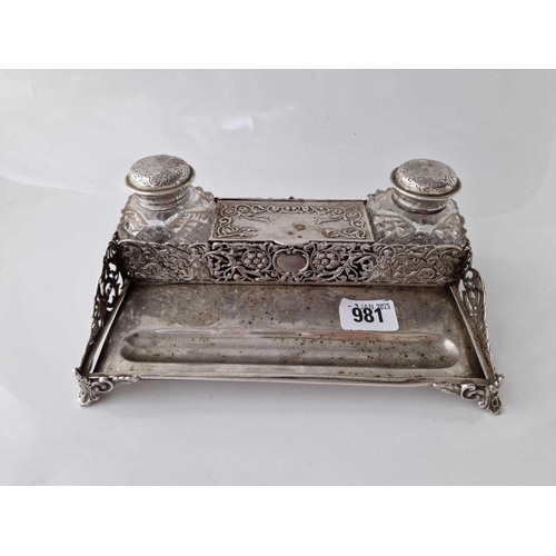 981 - Victorian two bottle inkstand with stamped compartment to centre on four masked legs. 8 in wide. Lon... 