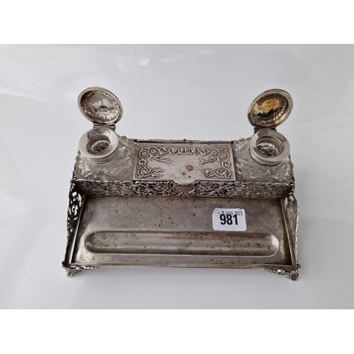 981 - Victorian two bottle inkstand with stamped compartment to centre on four masked legs. 8 in wide. Lon... 