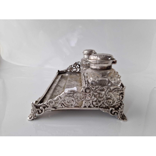 981 - Victorian two bottle inkstand with stamped compartment to centre on four masked legs. 8 in wide. Lon... 