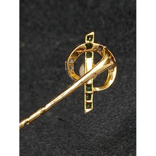 146 - An Emerald Diamond Pearl Art Nouveau Stickpin Platinum & Gold 1.6 gms