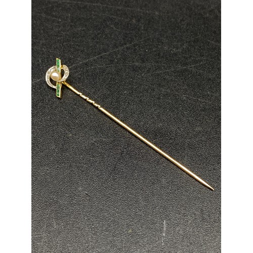 146 - An Emerald Diamond Pearl Art Nouveau Stickpin Platinum & Gold 1.6 gms