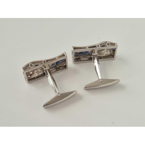 131 - A PAIR OF GOOD DIAMOND AND SAPPHIRE OBLONG CUFFLINKS, 18ct, 11.8 g.