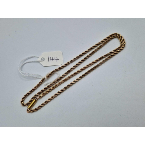 144 - A ANTIQUE ROPE NECK CHAIN WITH BARREL CLASP 15CT GOLD 18 INCH 7.8 GMS