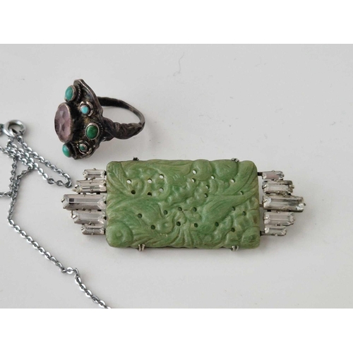 214 - A quantity of green glass jewellery and a silver ring