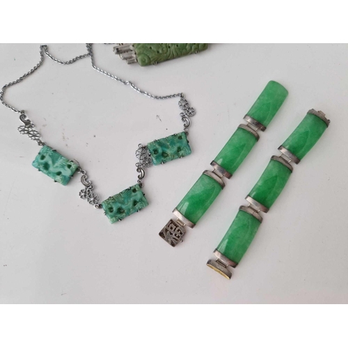 214 - A quantity of green glass jewellery and a silver ring