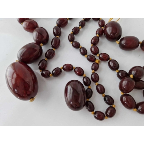 231 - A LONG STRING OF GRADUATED CHERRY AMBER BEADS 186 GMS