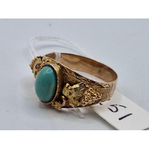 251 - A 19th C ARIZONA GOLD HIGH CARAT MINERS RING SET WITH TURQUOISE, size Y, 6.6 g boxed