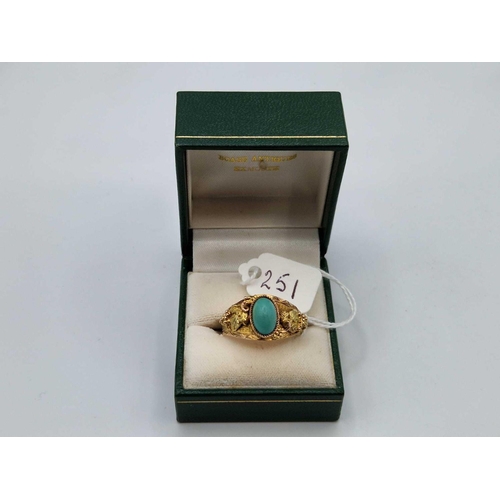 251 - A 19th C ARIZONA GOLD HIGH CARAT MINERS RING SET WITH TURQUOISE, size Y, 6.6 g boxed