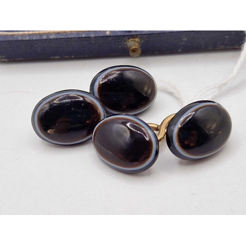 259 - A pair of Victorian banded agate cufflinks, 9ct, boxed