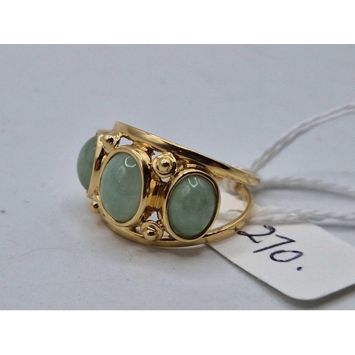 270 - A three stone jade ring, 14ct, size P, 4.4 g.