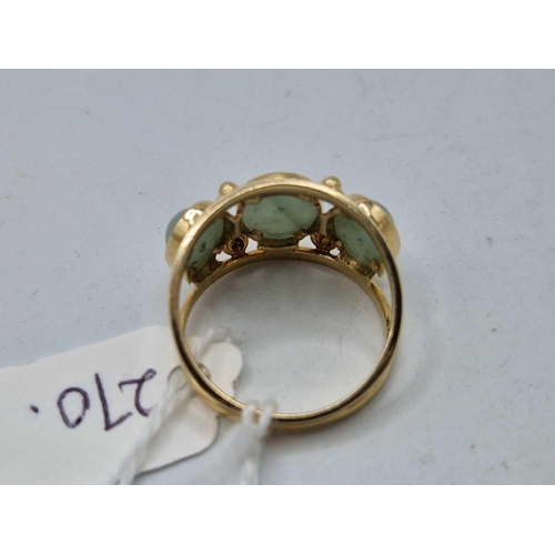 270 - A three stone jade ring, 14ct, size P, 4.4 g.