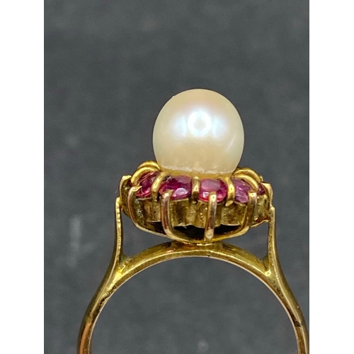 300 - A ruby and pearl cluster ring 14ct gold size L 4.3 gms