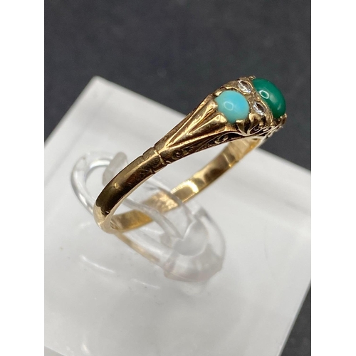 318 - A Victorian turquoise diamond ring in hand carved mount 9ct size N 2.6 gms