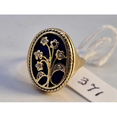 371 - A blue enamel panel ring set with diamonds, 9ct, size P, 9.2 g