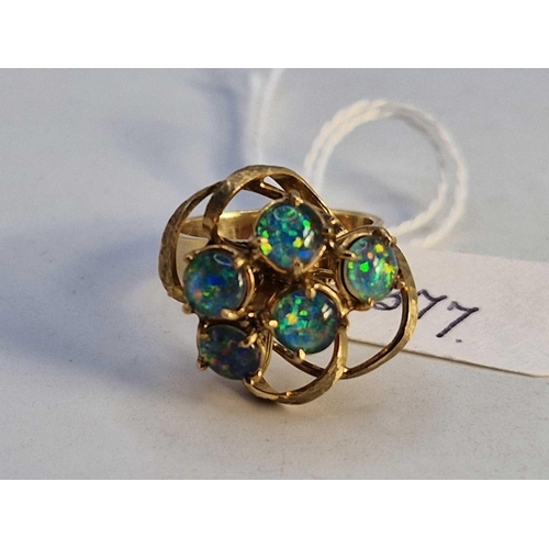 377 - A opal doublet abstract cocktail ring set with 5 opals, 9ct, size M, 6 g