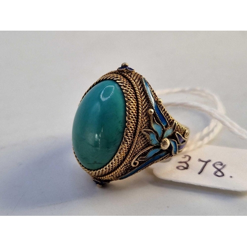 378 - A large Chinese silver gilt filigree enamel and turquoise ring, size N