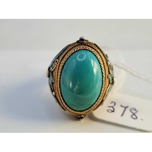 378 - A large Chinese silver gilt filigree enamel and turquoise ring, size N