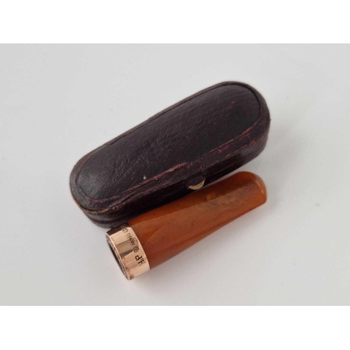 413 - A 9ct and amber cheroot holder in case