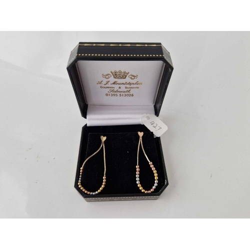 427 - A pair of three colour gold drop earrings 9ct 1.8 gms