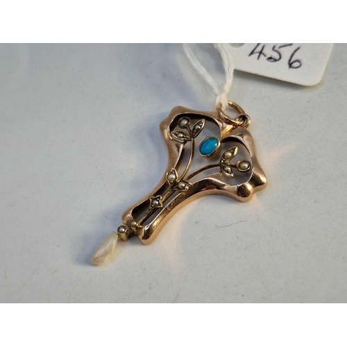 456 - A Art Nouveau turquoise and pearl pendant, 9ct, 2.2 g.