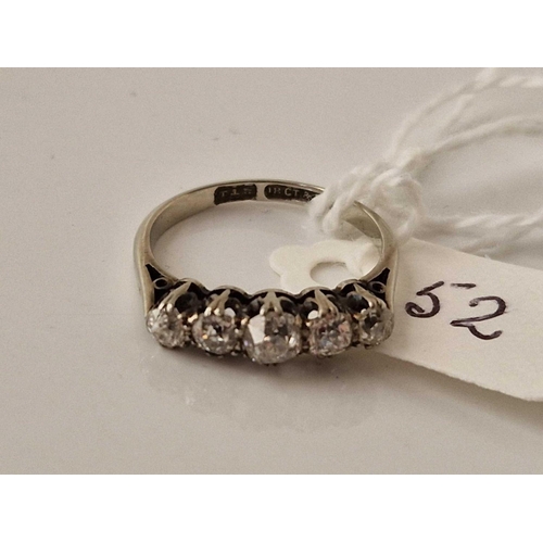 52 - A EDWARDIAN 18CT AND PLATINUM 5 STONE DIAMOND RING, approx 1ct, size L, 2.5 g, boxed