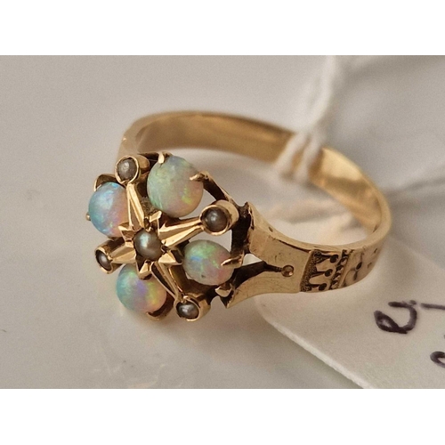 55 - A Edwardian opal and pearl cluster ring, 9ct, size L, 2.4 g boxed