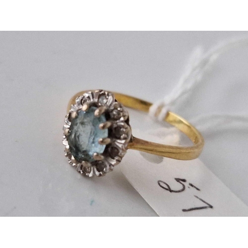 574 - A aquamarine and diamond ring 18ct gold size N 3 gms