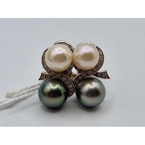 59 - A PAIR OF WHITE GOLD BLACK AND WHITE PEARL AND DIAMOND EARRINGS, 18ct, 11.2 g boxed