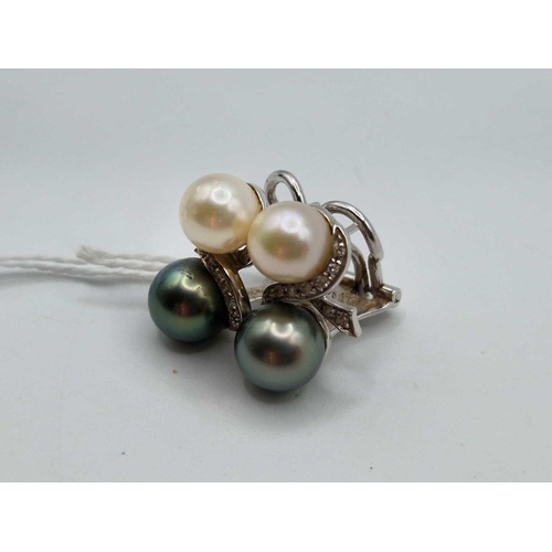 59 - A PAIR OF WHITE GOLD BLACK AND WHITE PEARL AND DIAMOND EARRINGS, 18ct, 11.2 g boxed