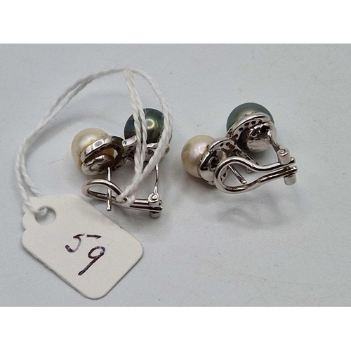 59 - A PAIR OF WHITE GOLD BLACK AND WHITE PEARL AND DIAMOND EARRINGS, 18ct, 11.2 g boxed