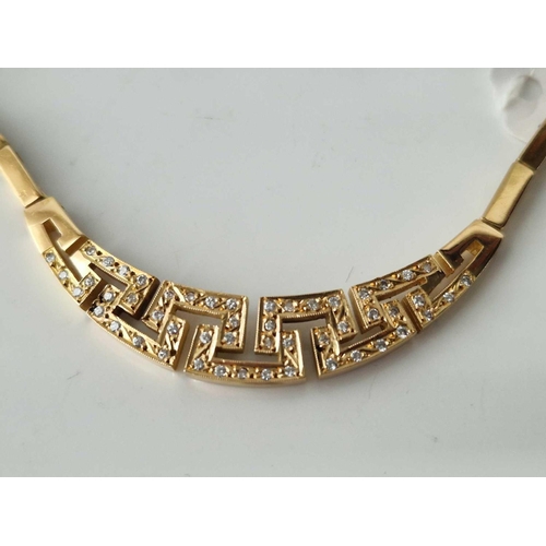 71 - A QUALITY GREEK DESIGN GOLD PANEL NECKLACE SET WITH 21 DIAMONDS 18 INCH 27 GMS BOXED