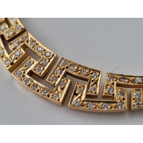 71 - A QUALITY GREEK DESIGN GOLD PANEL NECKLACE SET WITH 21 DIAMONDS 18 INCH 27 GMS BOXED