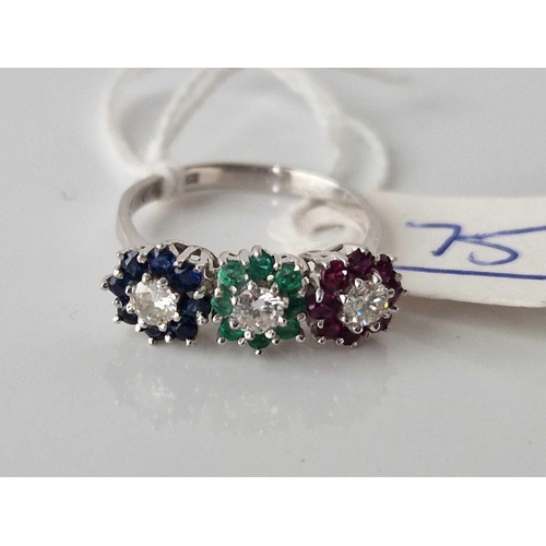 75 - A WHITE GOLD DIAMONDS RUBY'S EMERALDS AND SAPPHIRES TRIPLE CLUSTER RING 18CT GOLD SIZE O 3.7 GMS