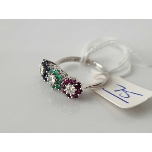 75 - A WHITE GOLD DIAMONDS RUBY'S EMERALDS AND SAPPHIRES TRIPLE CLUSTER RING 18CT GOLD SIZE O 3.7 GMS