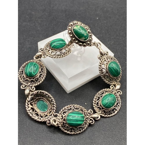 301 - A silver malachite multi panel bracelet with ring