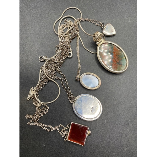 432 - Five silver necklaces with hard stone pendants