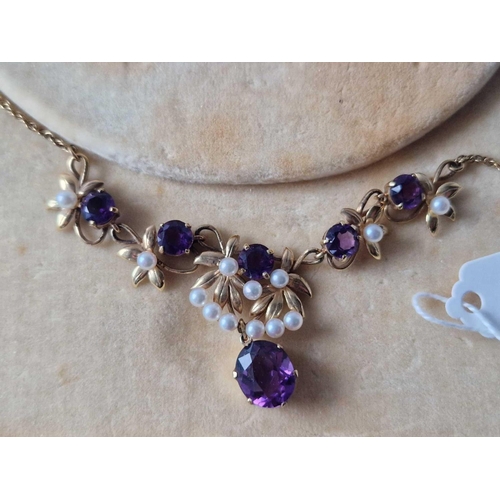 15 - A ATTRACTIVE AMETHYST AND PEARL NECKLACE IN CASE 9CT 17 INCH 13.3 GMS