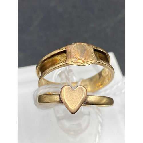 178 - A gold heart ring size N 1.3 gms together with a gold memorial ring size O 1.6 gms