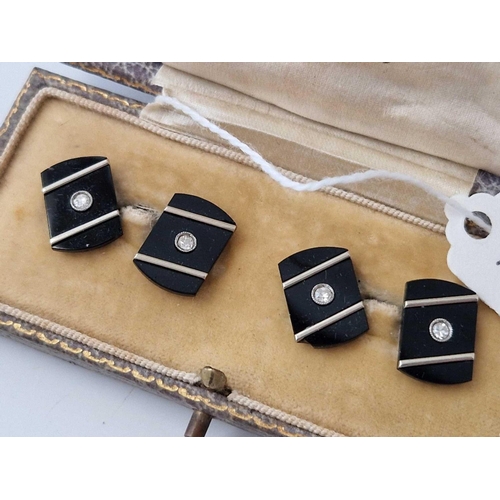 192 - A BOXED PAIR OF WHITE GOLD ONYX AND DIAMOND CUFFLINKS 18CT GOLD