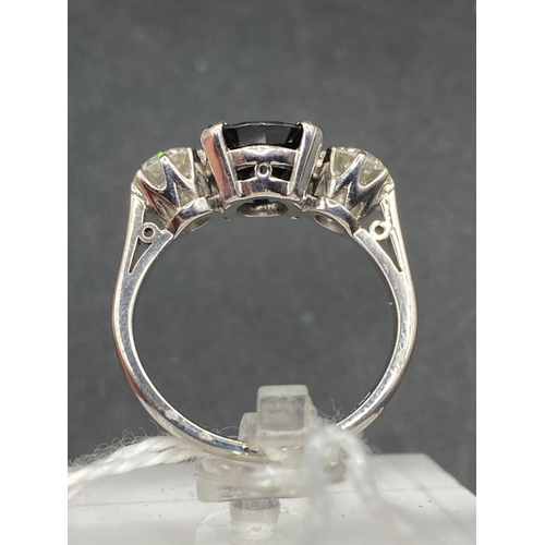 211 - A IMPRESSIVE DIAMOND AND SAPPHIRE THREE STONE RING 18CT WHITE GOLD SAPPHIRE 10MM X 8 MM TWO DIAMONDS... 