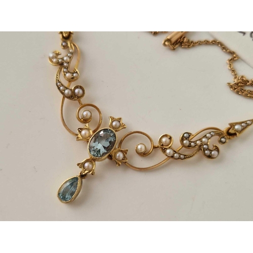 26 - A ANTIQUE EDWARDIAN HALF PEARL AND AQUAMARINE SET NECKLACE 15CT GOLD