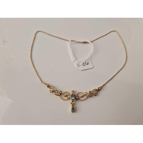 26 - A ANTIQUE EDWARDIAN HALF PEARL AND AQUAMARINE SET NECKLACE 15CT GOLD