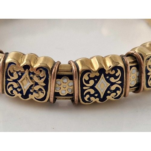 325 - A SWISS ENAMEL EXPANDING BRACELET 15CT GOLD EACH PIECE IN BLUE AND WHITE ENAMEL