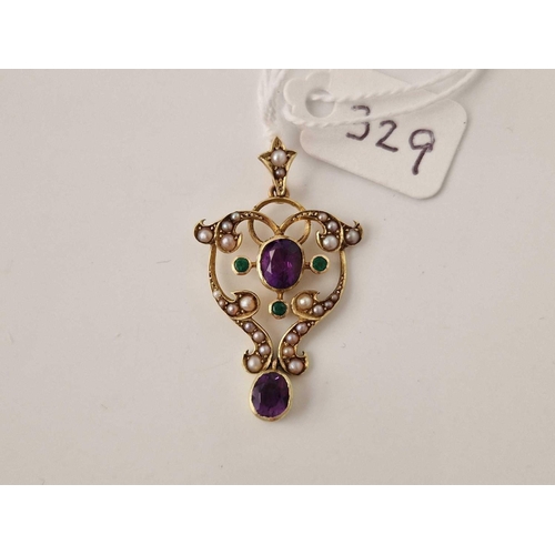 329 - A EDWARDIAN SUFFRAGETTE GOLD PENDANT SET WITH HALF PEARLS AMETHYST AND EMERALDS 15CT GOLD