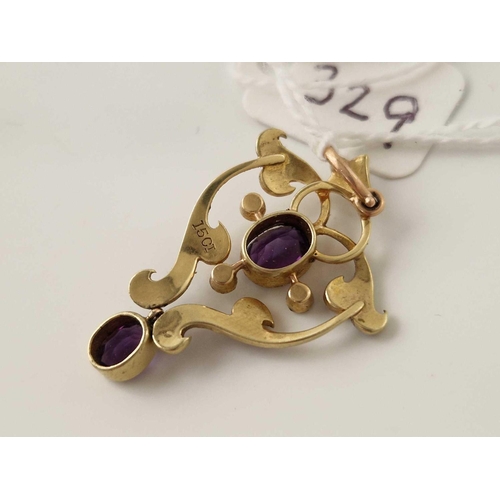 329 - A EDWARDIAN SUFFRAGETTE GOLD PENDANT SET WITH HALF PEARLS AMETHYST AND EMERALDS 15CT GOLD